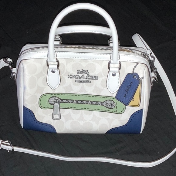 COACH White and Navy Satchel with Green Accent - Picture 7 of 7